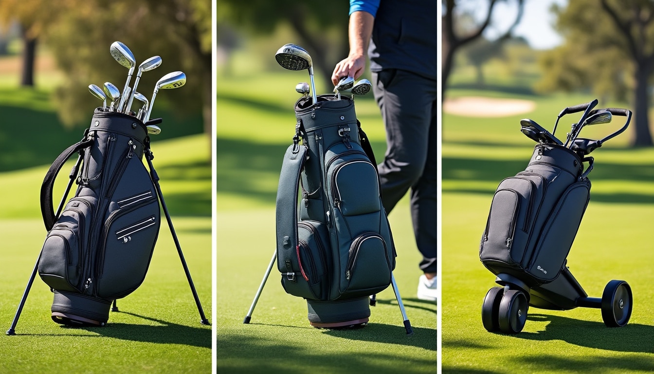 Sac de golf : trépied, portage ou chariot